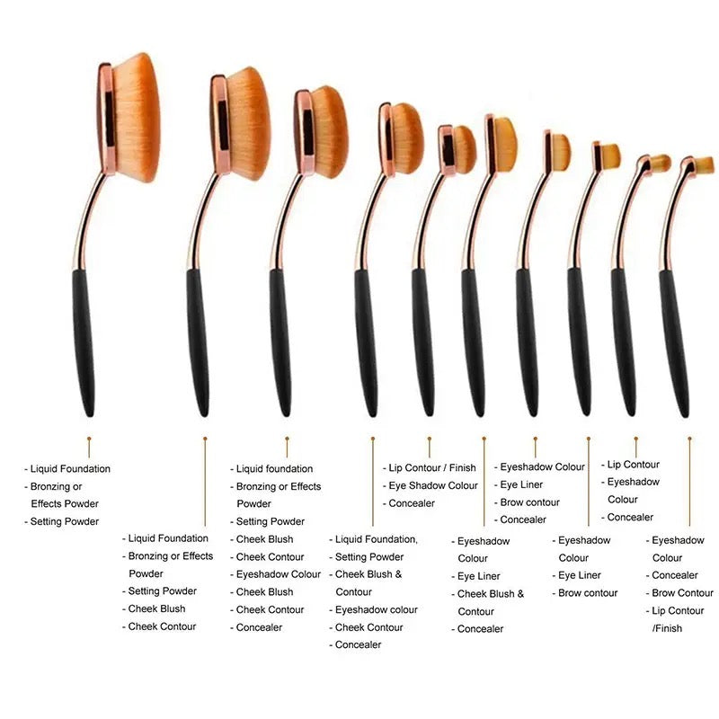 Rose Gold Elegant Oval Makeup Brushes 10pc